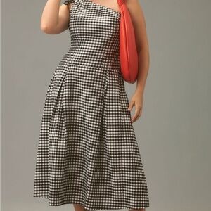 Anthropologie Black/White Gingham One Shoulder Dress, Size L